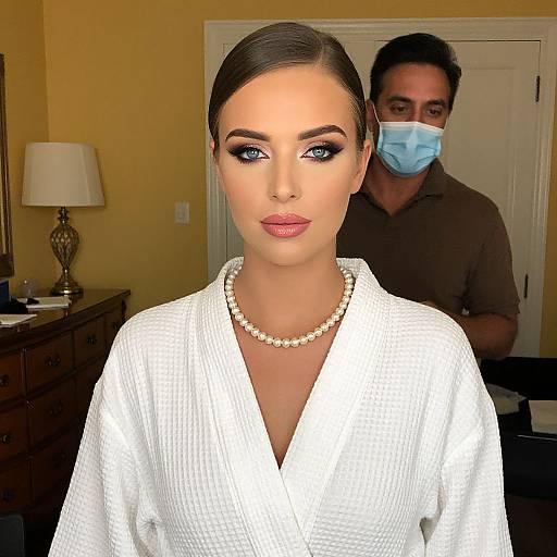 Photograph of a woman with sleek dark hair, blue eyes, and bold makeup, wearing a white waffle robe and pearl necklace, standing in a