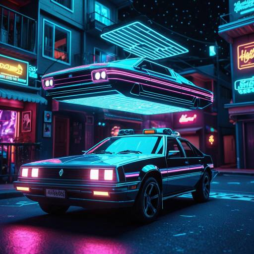 Futuristic Hover Car and Neon Holograms