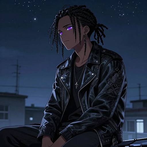 Digital anime-style drawing of a brooding, dark-skinned man with purple eyes, dreadlocks, wearing a black leather jacket and cross necklace, sitting