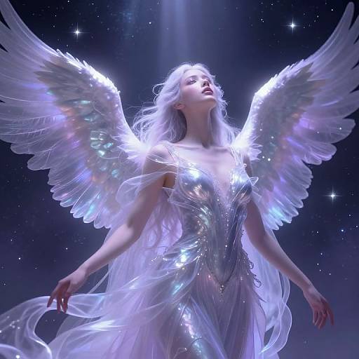 Photorealistic digital art of a radiant, ethereal white-winged angel with long, flowing hair, glowing in a starry, dark background.