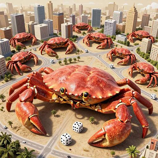 CGI image: Giant red crabs with large claws surround a cityscape, scattered dice, and palm trees, in a sunny desert setting.