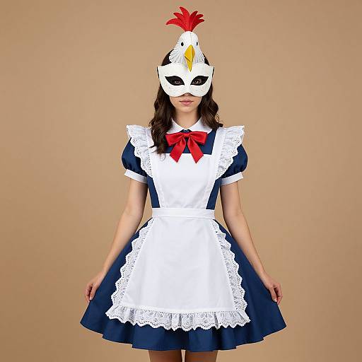 Photograph of a woman in a blue maid dress with white lace apron, red bow, white mask with red feather and yellow design, brown hair