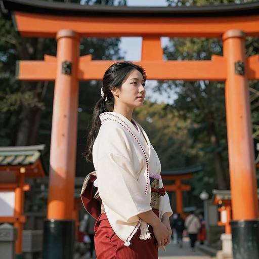 Asian Woman in Traditional Hakama at Torii Gate