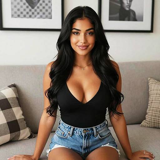 Photograph of a smiling woman with long black hair, wearing a black deep V-neck top and high-waisted denim shorts, sitting on a gray