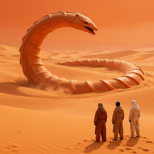 Photograph of three desert-robed figures facing a massive, coiled, orange snake in a bright, sandy desert landscape under a vivid orange sky.