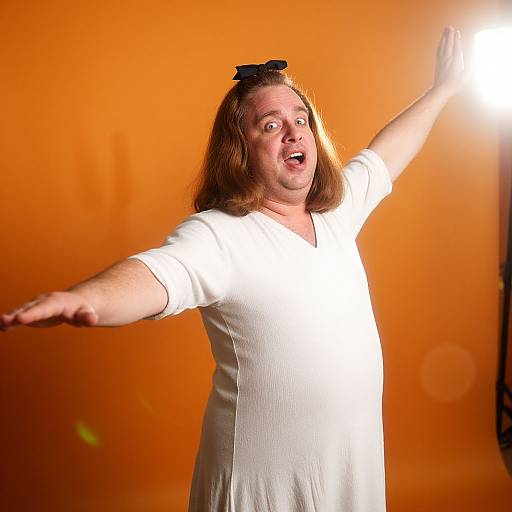 Photograph of a Caucasian woman with long brown hair, wearing a white shirt and black bow, raising arms excitedly against a bright orange background. Bright