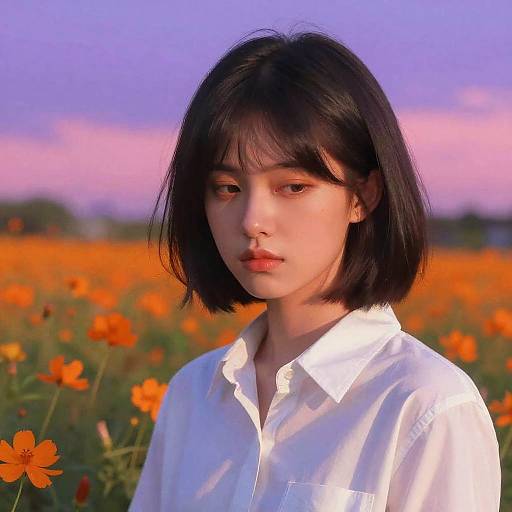 Serious Woman in Vibrant Sunset Field