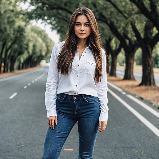 Young Woman Standing on Tree-Lined Road