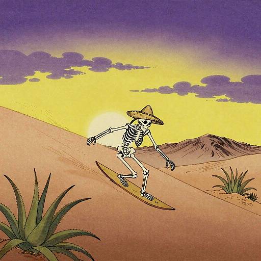 Cartoon skeleton surfer in a sombrero rides a board down a desert dune under a yellow-purple sunset, with clouds and cactus.