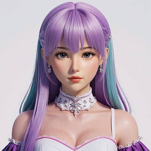 Digital anime-style portrait of a beautiful woman with long purple-blue hair, white lace choker, and off-shoulder white dress, with large blue