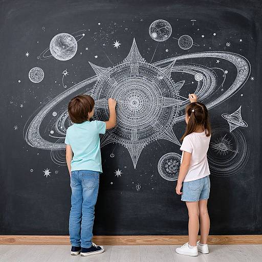 Photograph of two children, boy in blue shirt and jeans, girl in white shirt and denim shorts, drawing a detailed galaxy with planets on a black