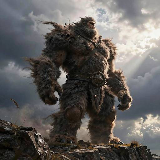 CGI fantasy image of a towering, muscular, fur-covered beastman with fierce expression, standing on rocky terrain under dramatic, cloudy sky. Sunlight