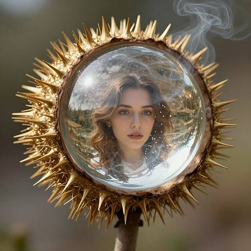 Photograph of a woman with wavy brown hair reflected in a clear, spherical, spiked glass globe, with wisps of smoke.
