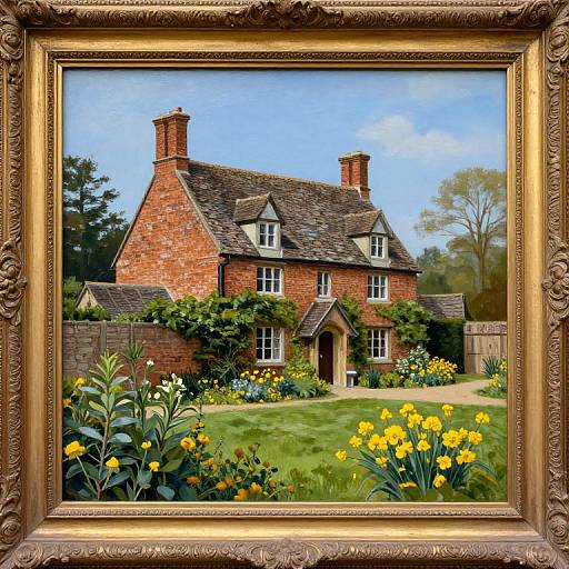 Photorealistic painting of a red brick English cottage with ivy, yellow flowers, and a lush green lawn, framed in an ornate gold frame