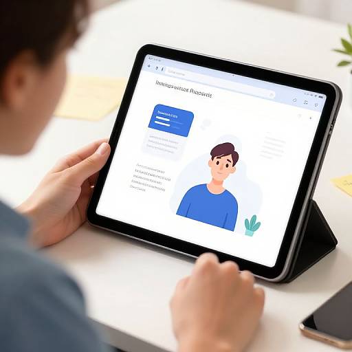 Photograph of a person with short dark hair, wearing a blue shirt, using a black tablet to view a 