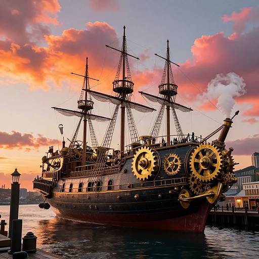Photograph of a large, vintage steam-powered pirate ship with prominent golden gears, silhouetted against a vibrant sunset sky over a dock.