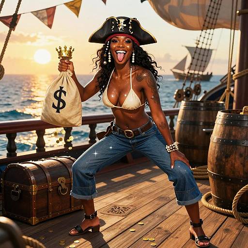 Playful Caribbean Pirate Woman on Ship Deck