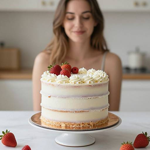 Photograph of a smiling woman with brown hair in a kitchen, standing behind a white layered cake with whipped cream and strawberries on a wooden stand.