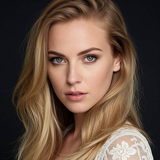 Photograph of a fair-skinned, blue-eyed blonde woman with wavy hair, wearing a white lace top, against a dark background.