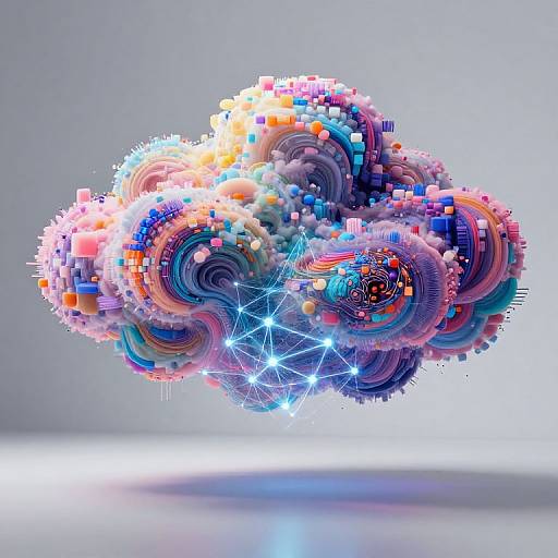 Digital art of a colorful, pixelated cloud with swirling patterns, glowing blue stars, and vibrant hues of pink, blue, orange, and purple,
