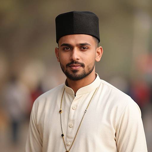 Photograph of a young South Asian man with a trimmed beard, wearing a black cap, white kurta, and gold necklace, standing outdoors with a