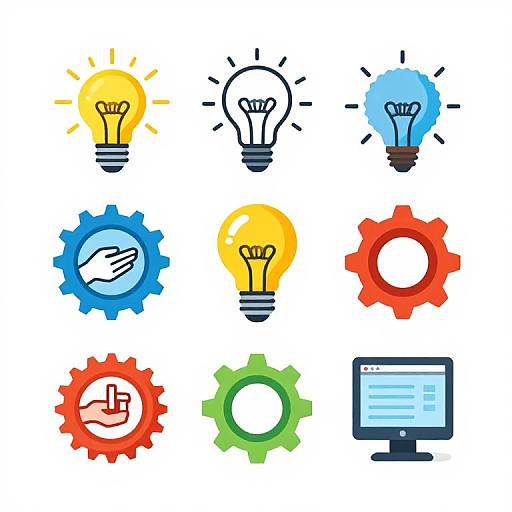 Colorful digital illustration of nine light bulb and gear icons, including glowing bulbs, hand in gear, and a computer screen.
