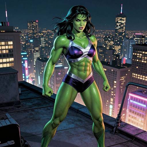 CGI image of muscular, green-skinned Wonder Woman with black hair, wearing a silver and black bikini, standing on a rooftop with a brightly lit