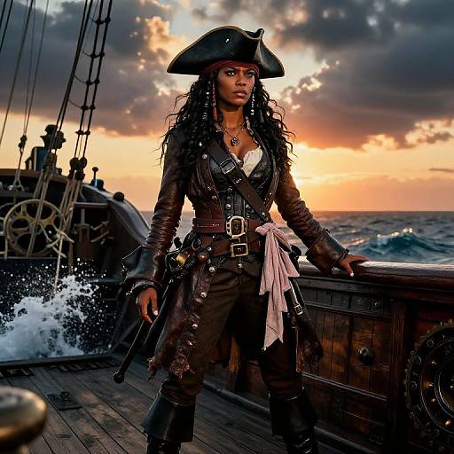Photorealistic digital artwork: Dark-skinned female pirate with curly hair, black tricorn hat, leather outfit, standing on ship deck at sunset,