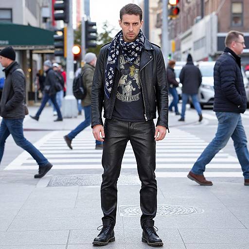 Photograph of a dark-haired man in a black leather jacket, graphic shirt, scarf, and jeans standing in a busy city crosswalk.