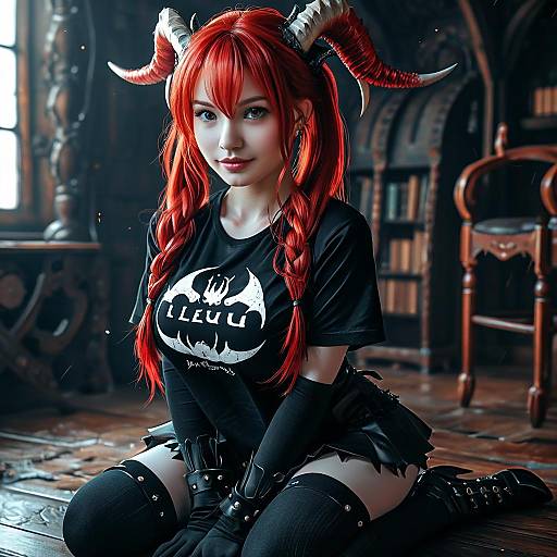 Digital artwork of a red-haired demon girl with horns, black t-shirt, thigh-high socks, and gloves, kneeling in a dimly-lit,