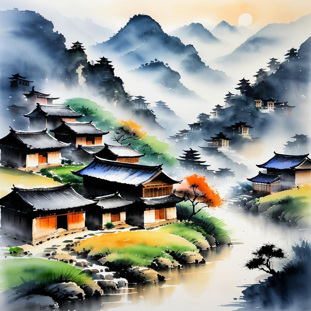 Rustic Mountain Village in Traditional Brush Art