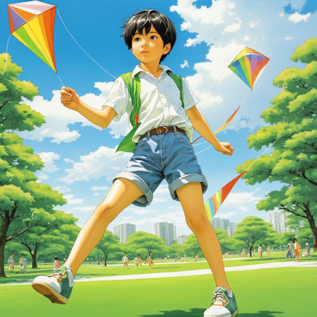 Young Boy Flying Kite in Manga Style