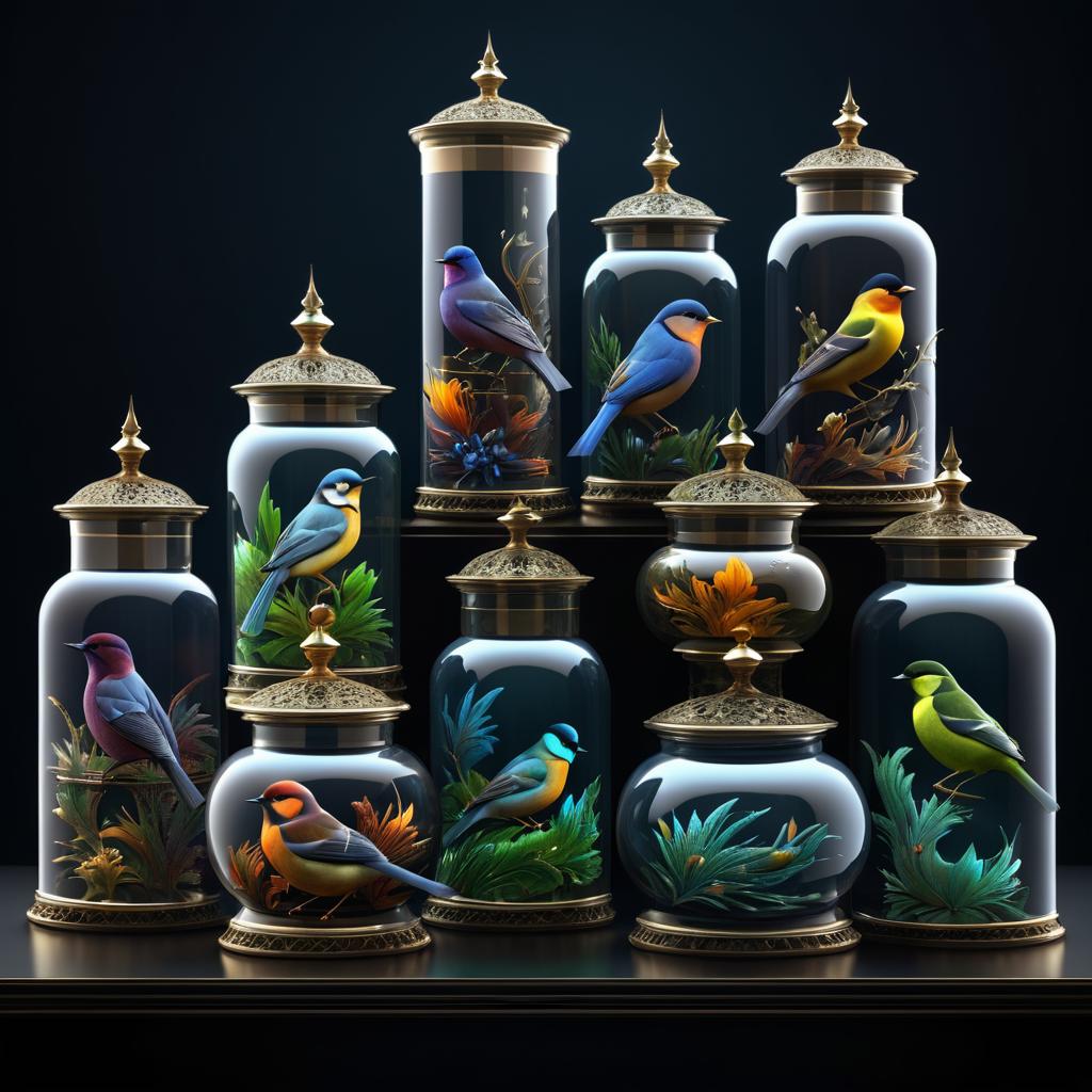 Ornate Bird Collection in Glass Jars