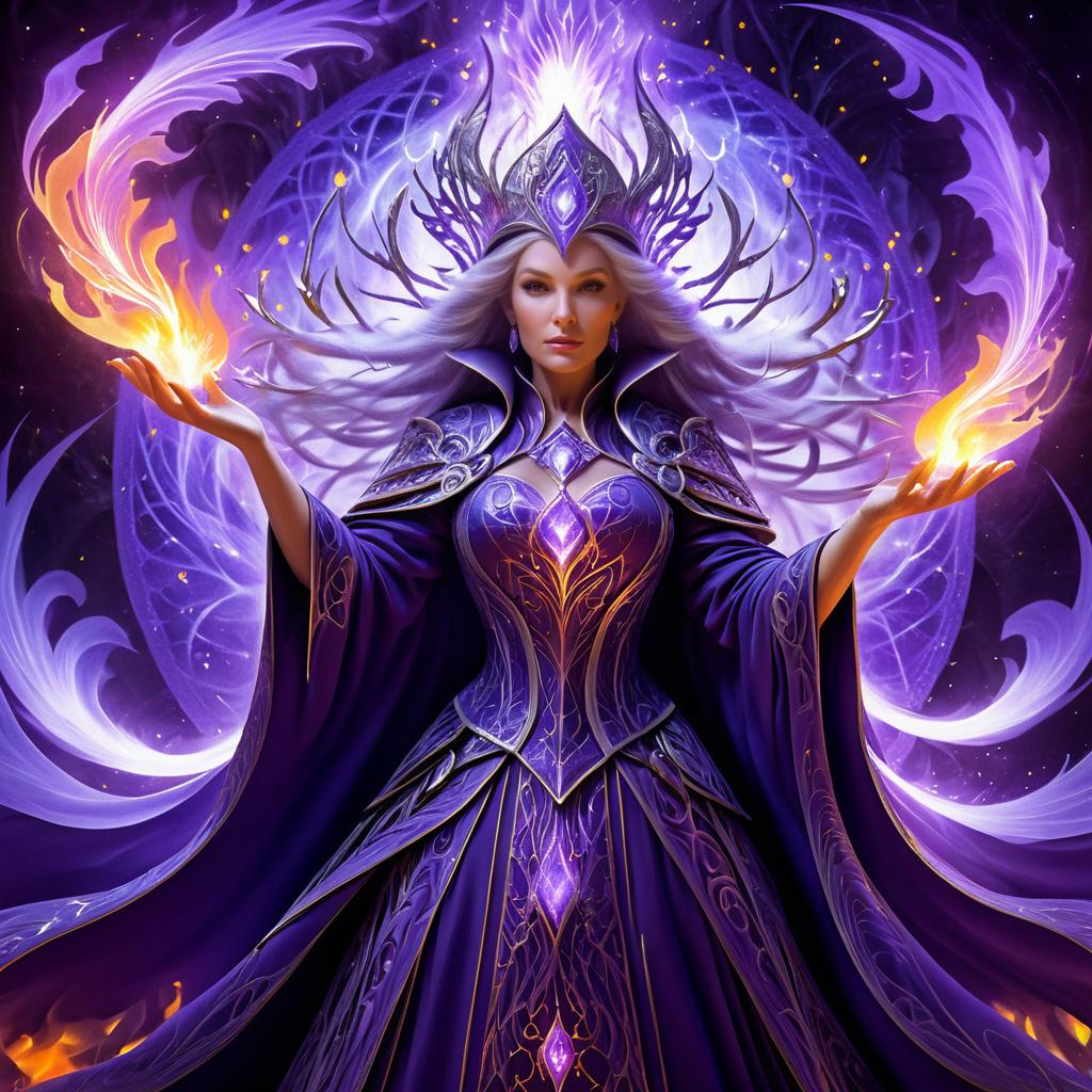 Majestic Elderly Sorceress in Pastel Flames