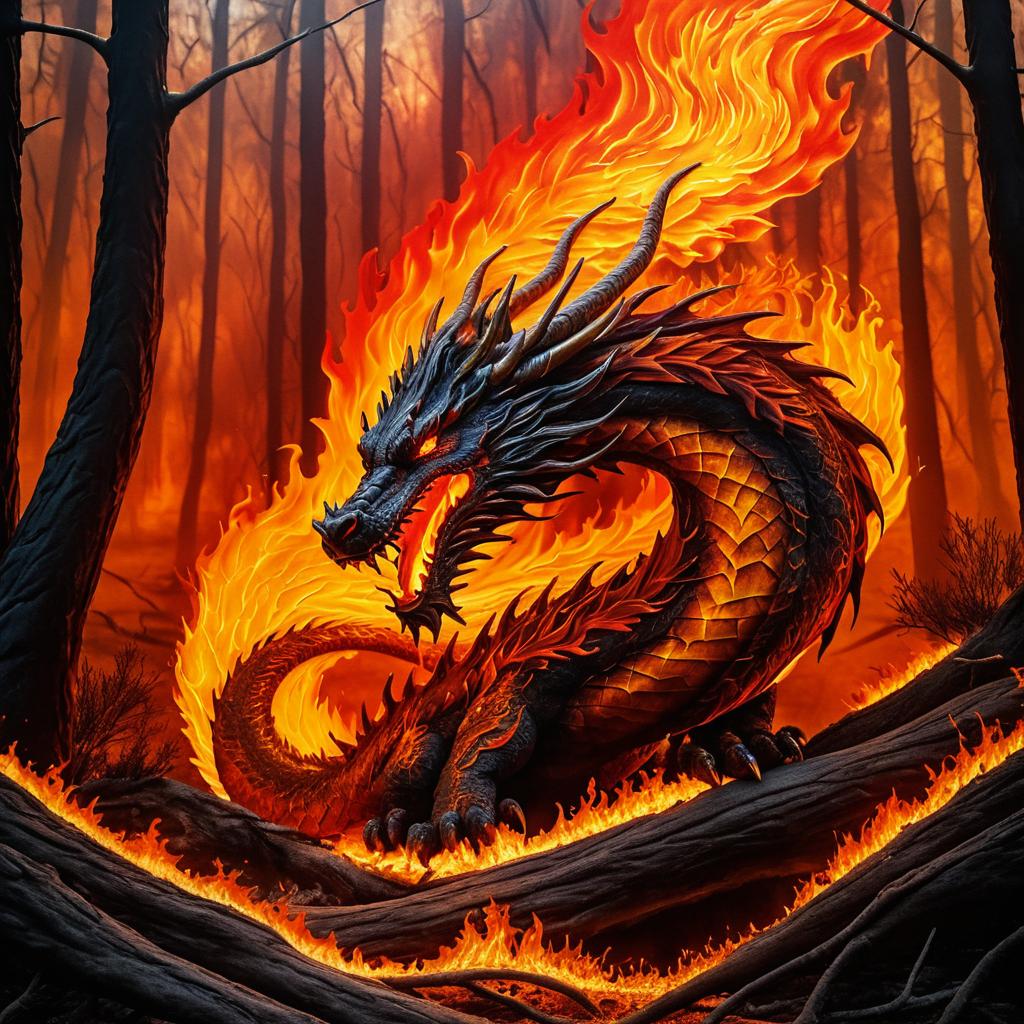 Fiery Dragon Amid Scorched Forest Scene