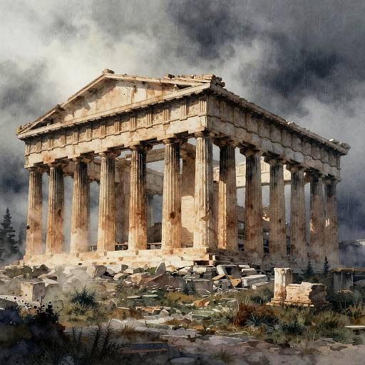 Foggy Ancient Athens Watercolor Monument