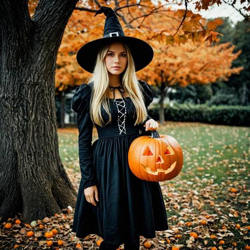 Blonde Witch in Black Dress with Pumpkin
