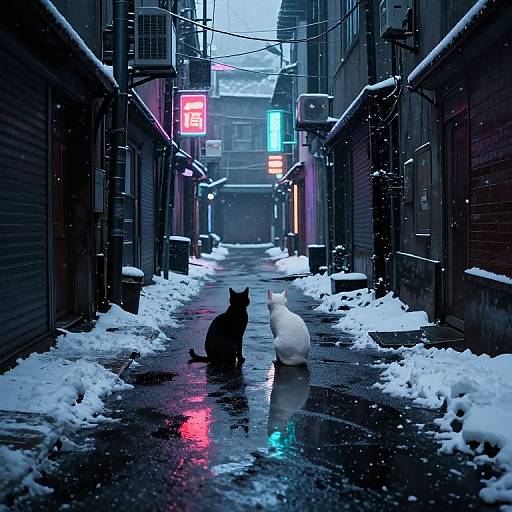 Neon-lit, snowy alleyway photograph; black and white cats sit side by side on wet, reflective street, surrounded by snow, with vibrant
