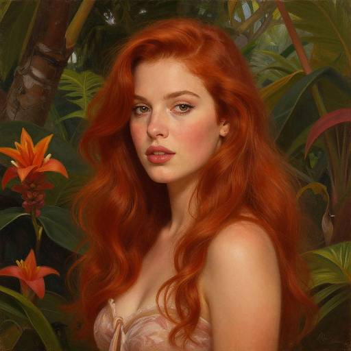 Digital painting of a beautiful red-haired woman with fair skin, green eyes, and pink lips, wearing a strapless top, surrounded by lush jungle foliage
