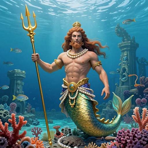 Digital artwork of a muscular, bearded merman with golden crown, pearl necklace, and trident, surrounded by underwater ruins and colorful coral.