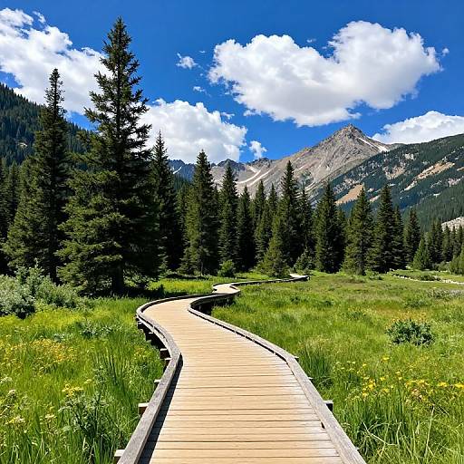 Scenic Wooden Bridge in Mountain Meadow