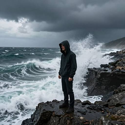 Photograph of a man in a black hooded jacket standing on rocky coastline, facing turbulent ocean waves under a cloudy sky.