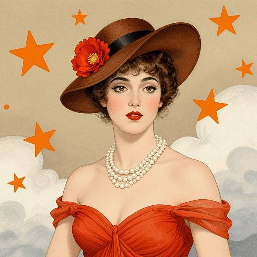 Digital illustration of a fair-skinned woman with curly brown hair, wearing a red off-shoulder dress, pearl necklace, and brown hat with red