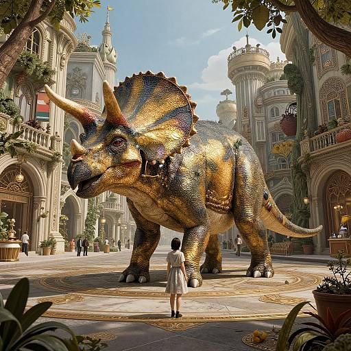 Digital artwork of a giant, golden, rainbow-scaled triceratops in a sunlit, ornate, fantasy city square, with a small