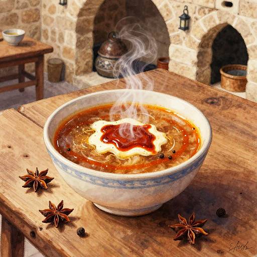 Photorealistic digital art of steaming bowl of rich, red soup with star anise on rustic wooden table in stone-walled kitchen.