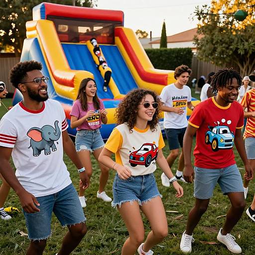 Photograph of diverse group of young adults playing outdoors, wearing colorful T-shirts, denim shorts, and sunglasses, with a large inflatable slide in the background