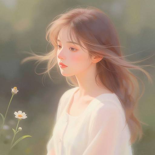 Digital painting of a young woman with fair skin and long, brown hair, wearing a white shirt, gazing at a daisy, soft sunlight,