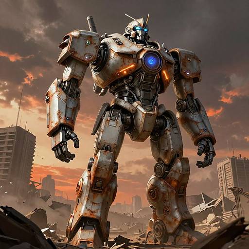 Digital illustration of a towering, battle-worn, white and rusted humanoid robot with blue glowing eyes and chest, standing amidst a ruined cityscape during