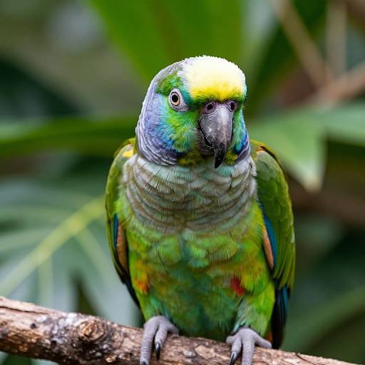 Photograph of a vibrant green and blue parrot with yellow head patch, perched on a brown branch, in a lush green jungle background.