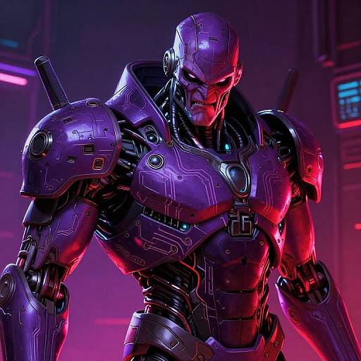 Photorealistic CGI of a muscular, bald, purple-armored, cybernetic superhero with glowing blue and pink lights in a neon-lit futuristic